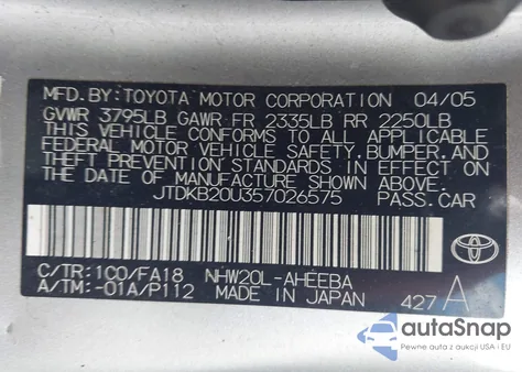 2005 Toyota Prius z USA, uszkodzony, nr VIN JTDKB20U357026575